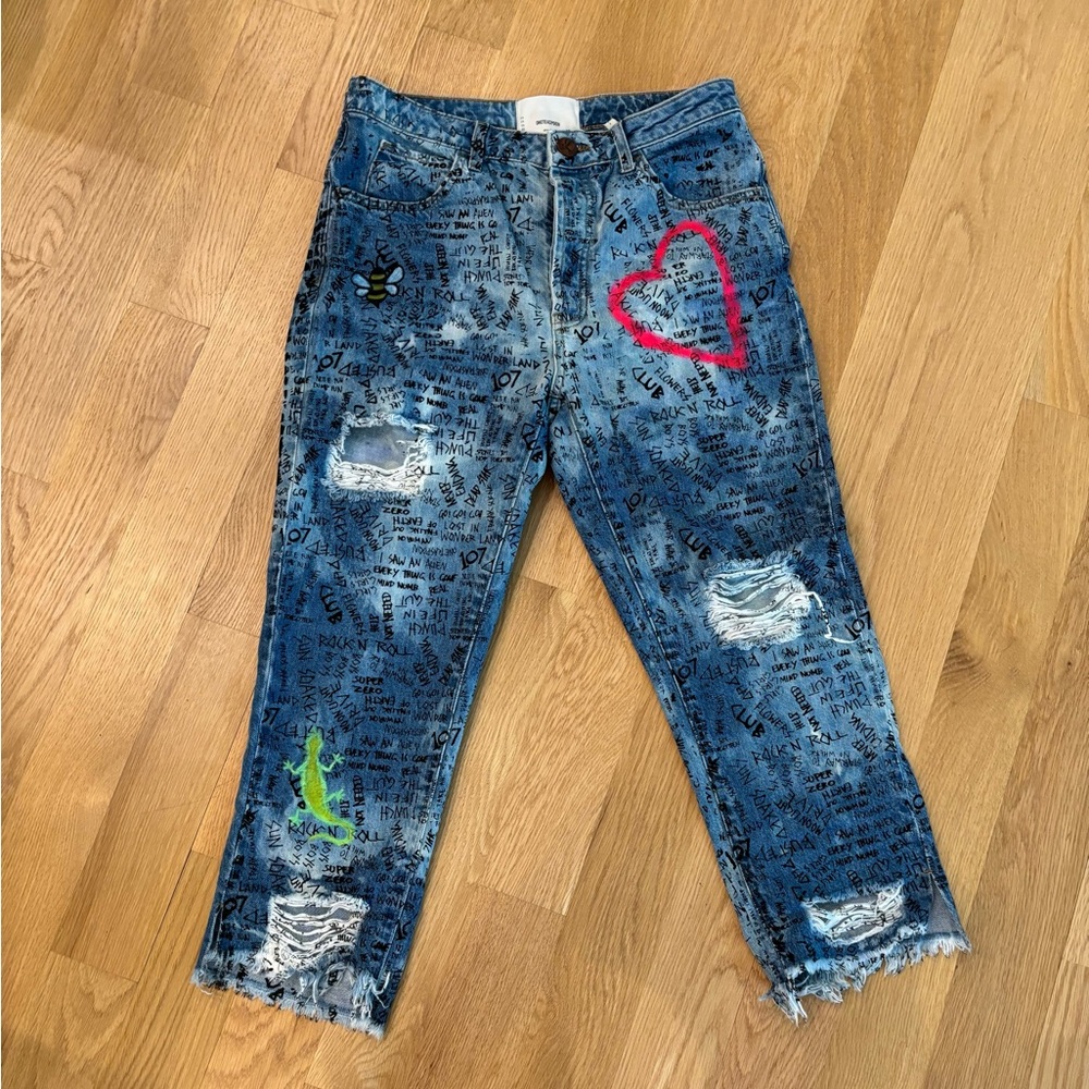One Teaspoon custom painted distressed cropped jeans Size 26